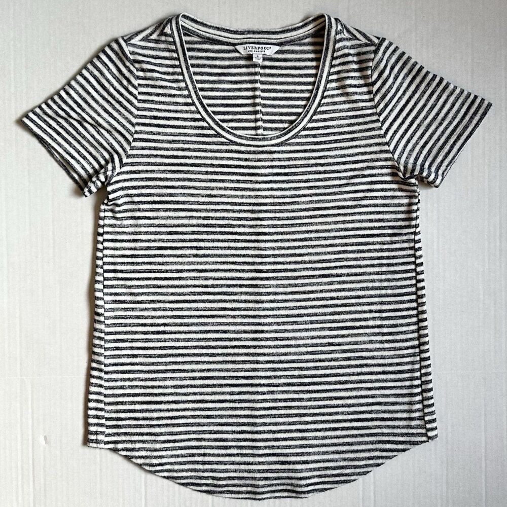 Liverpool Los Angeles Striped V-Neck Tee Size S Jersey Knit Shirttail Hem White